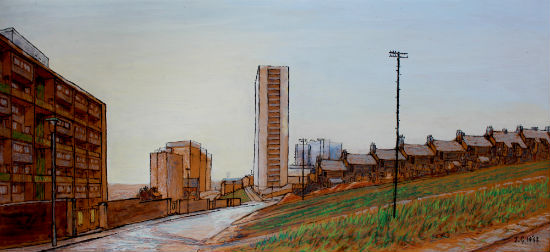 Everton Heights, looking North 1968 in black felt pen, acrylc & oil pastel, on smooth unprimed hardboard