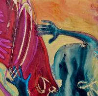A colourful painting. To the right is a blue figure holding up their hands. On the left are hands and feet all in front of a colourful background.