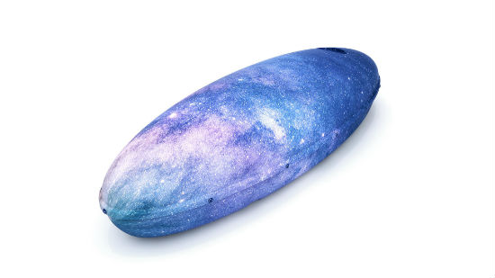 A photo of a blue rounded coffin painted in a blue pattern of the galaxy