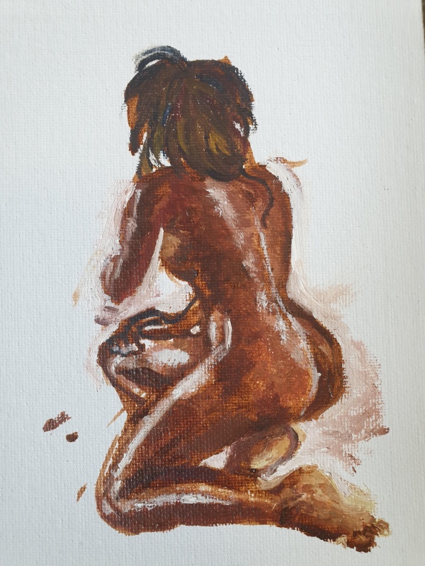 A nude painting of a black woman kneeling down and facing away against a white canvas background