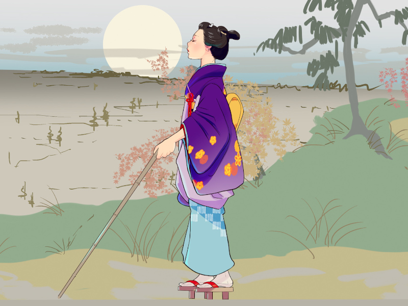 Illustration of a Japanese woman in traditional dress holding a cane as she moves through a calm rural scene with her eyes closed.