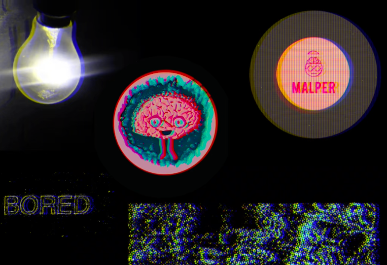 A cute brain cartoon with eyes and legs floating in a bubble against a black background with a lightbulb and a logo reading 'MALPER' either side of it
