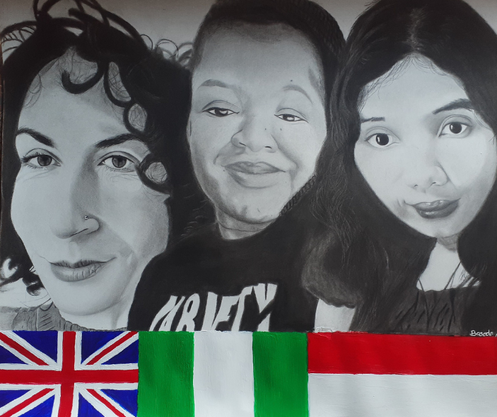 Artwork in charcoal, graphite and acrylic paint portraying 3 women from the UK, Nigeria and Indonesia. 