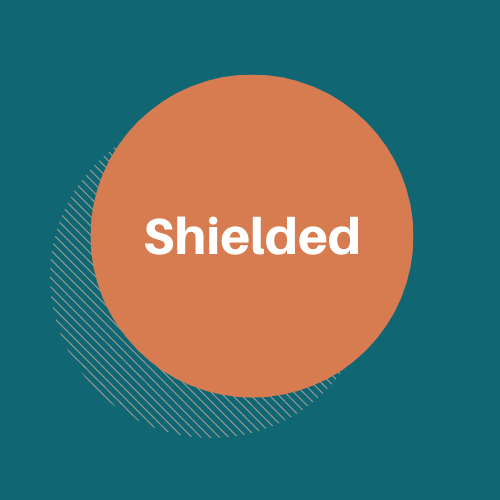 Logo for the Shielded project, which is an orange circle containing the word 'Shielded' against an aquamarine background