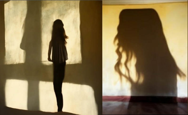 Two images side by side of a shadowy figure against an off-white wall. They have long, wavy hair.