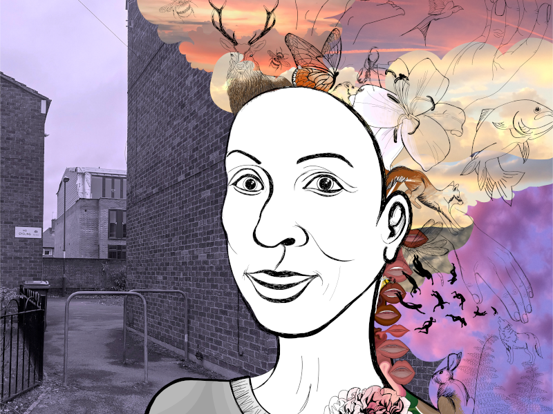 Digital illustration of a person with flora and fauna billowing out from their head against a grey photographic background of a street