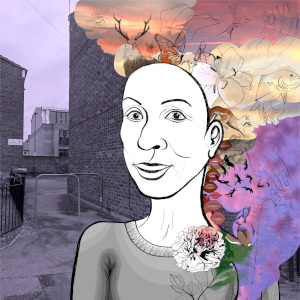 Digital illustration of a person with flora and fauna billowing out from their head against a grey photographic background of a street