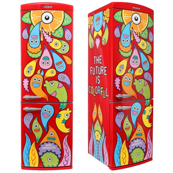 A red fridge-freezer decorated with cute, brightly coloured cartoon monsters in a range of emotional states. On one side is block capital text reading 'the future is colourful'.