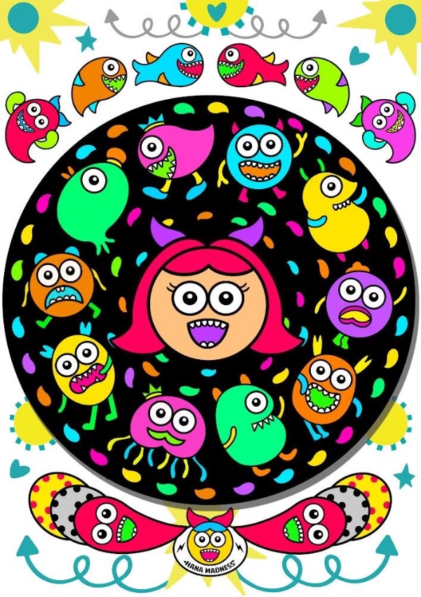 A brightly coloured, cartoon-style image of a black circle containing multiple brightly coloured, cute monsters in a variety of emotional states. More of these monsters circle round the edge of the image against a white background.