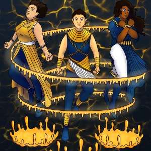 Cartoon image of 3 figures in rings of fire