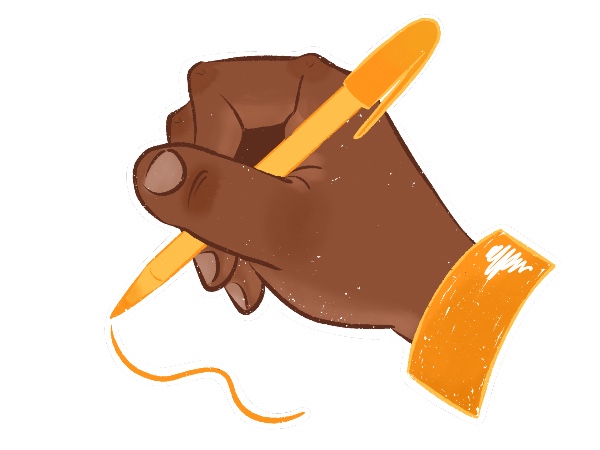 Hand holding a pen on a white background