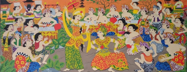 Painting of dancers in bright traditional clothing, surrounded by musicians and happy onlookers of all ages in an outdoor, leafy setting