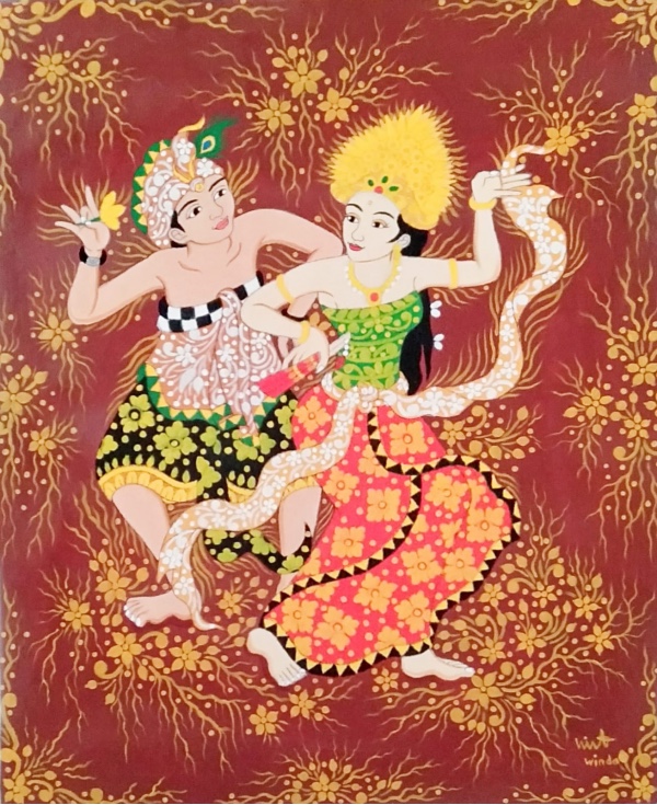 Painting of two dancers in traditional dress, one holding a yellow flower and the other a long scarf. Behind them is a flowery red and yellow background
