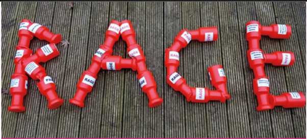 RAGE spelled out using red plastics.