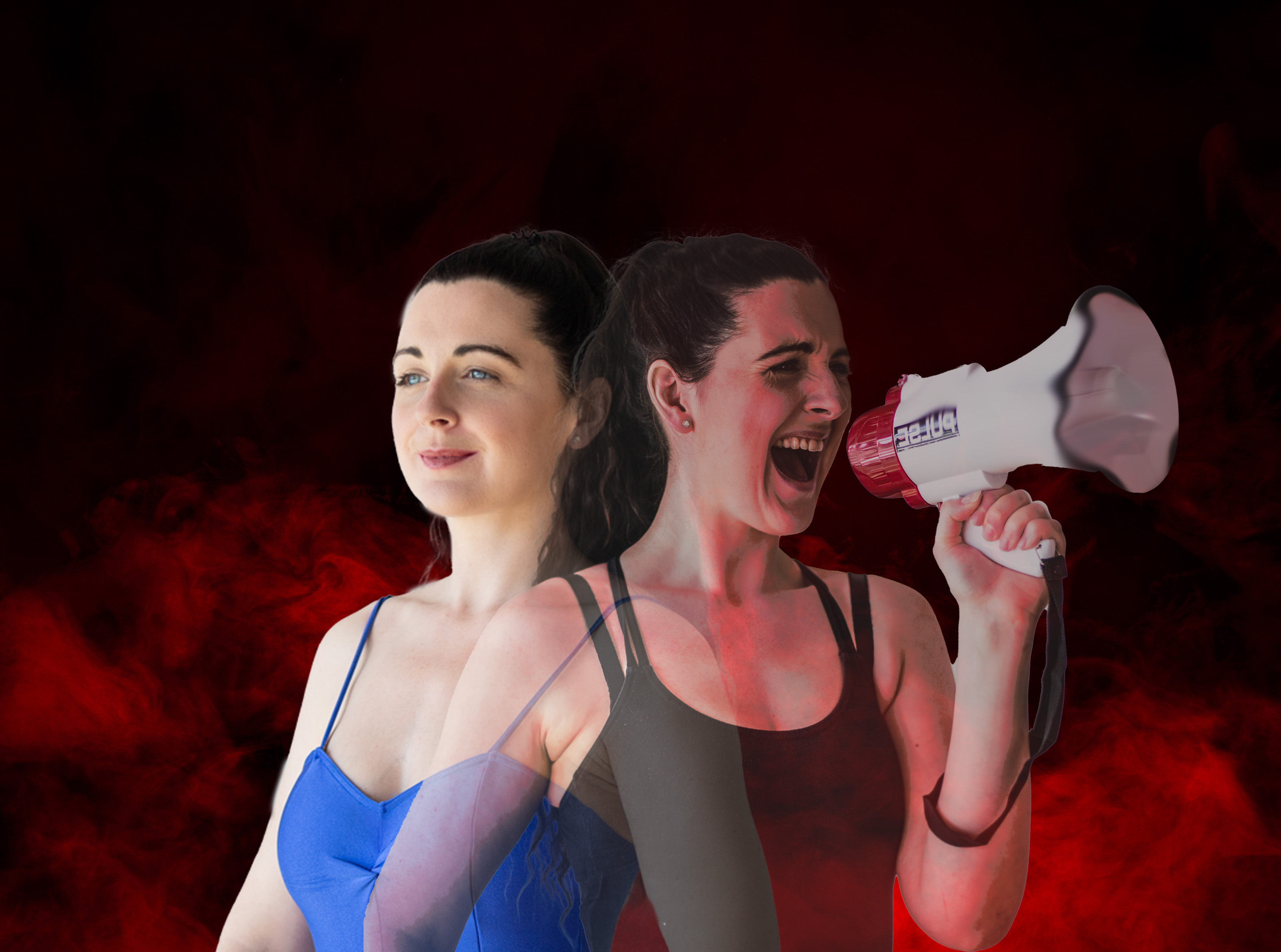 Two images on the same woman on a red background. In one image she is smiling, and composed wearing a blue tutu. In the other her skin is turning red 
