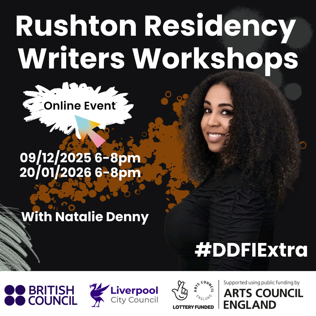 Natalie Denny is pictured on a black background with an orange splattered pattern. Winter #DDFIExtra, Rushton Residency writer workshops with Natalie