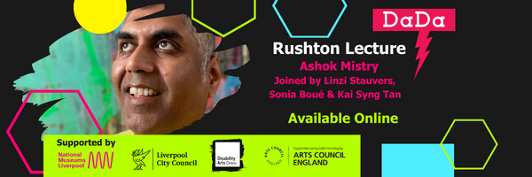 Image of Ashok Mistry overlaid on a black background. Their are colourful hexagons and squares around his face and DaDa logo with Rushton Lecture 2023