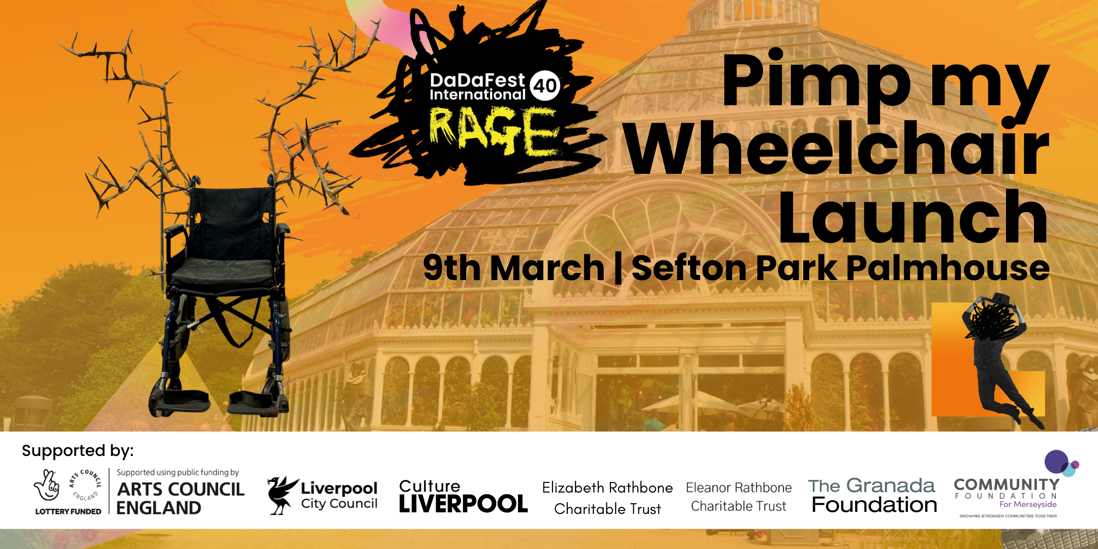 A wheelchair is dressed in thorns and sits over an image of Sefton Park Palmhouse.