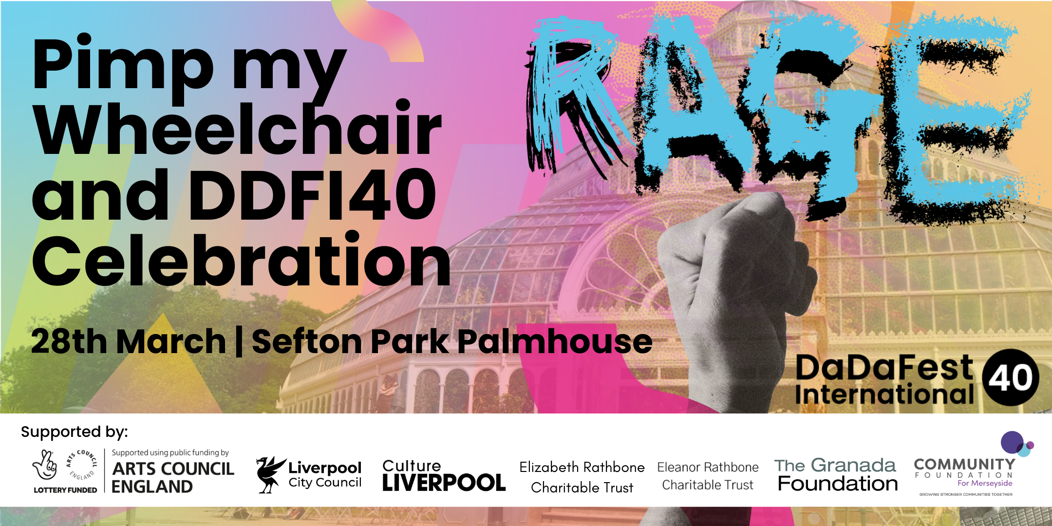 A fist is raised below the word 'Rage'. Above it is the event name on a pastel background