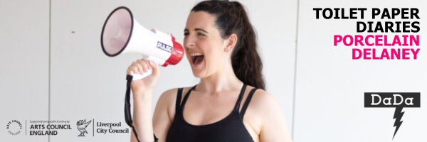 Image of Porcelain Delaney wearing black leotard holding megaphone and shouting into it facing left