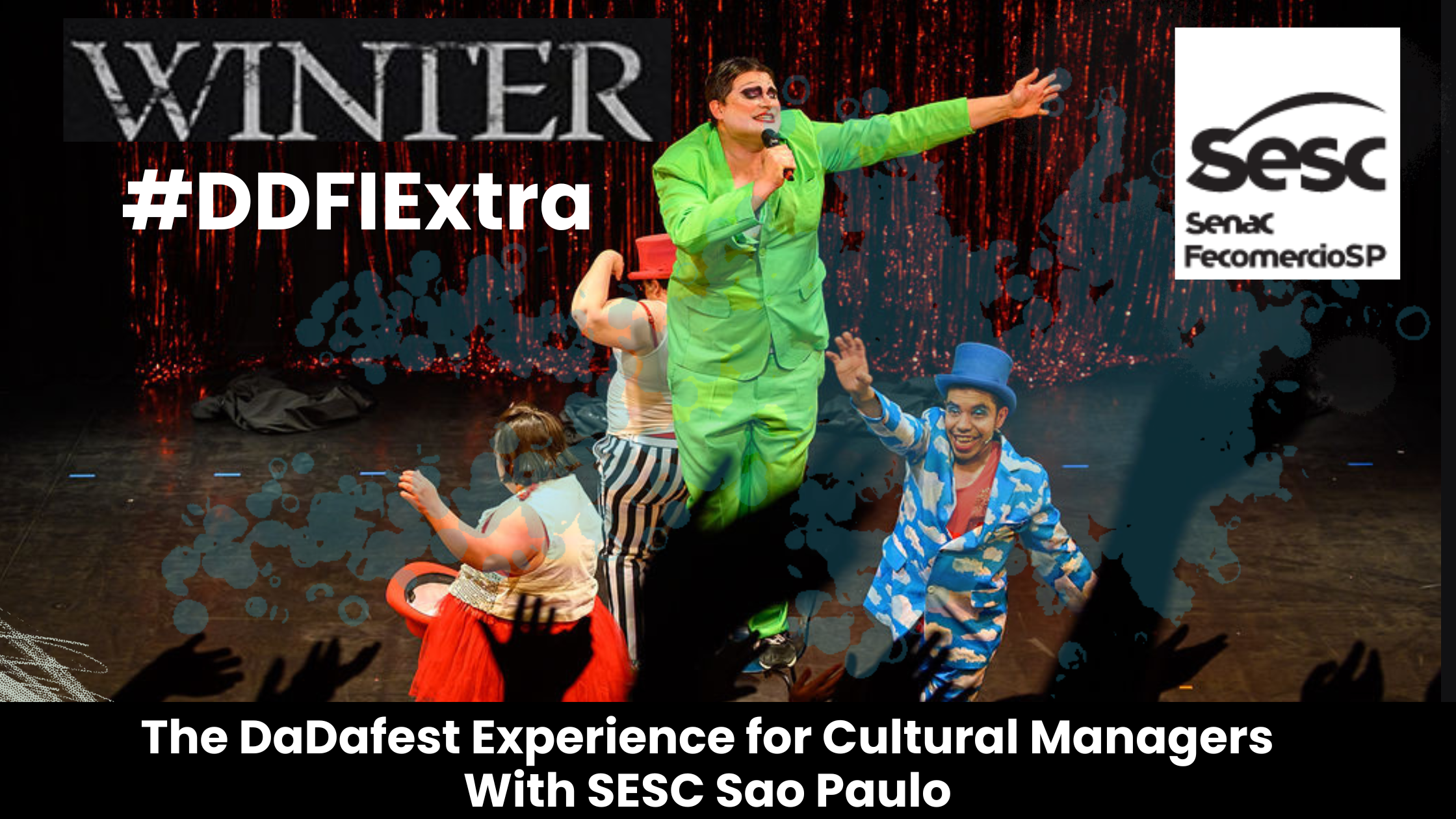 4 performers from Not F**kin Sorry stand on stage dressed in brightly coloured clothes pointing out to the audience