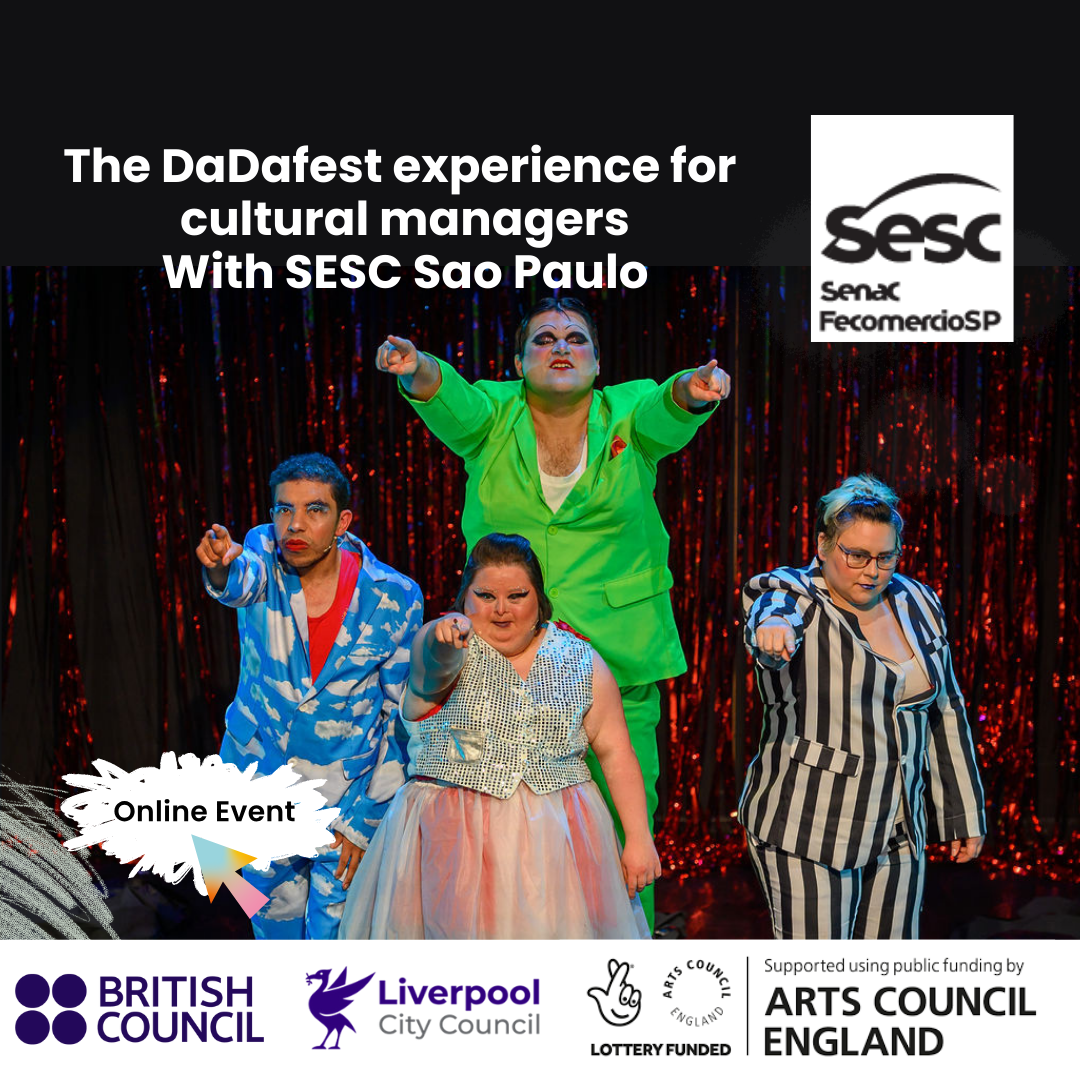 4 performers from Not F**kin Sorry stand on stage dressed in brightly coloured clothes pointing out to the audience