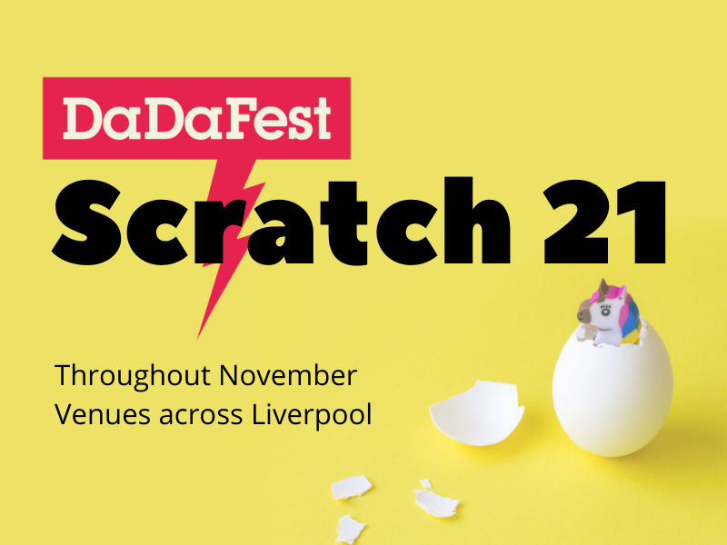 A colourful unicorn toy hatches from an egg against a yellow background - the words Scratch 21 and the DaDa logo are included