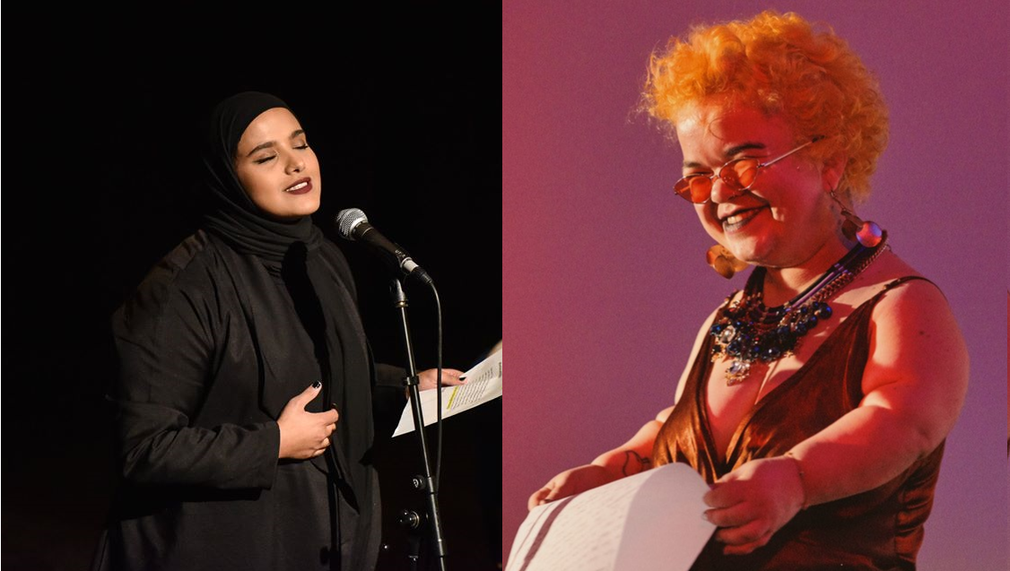 Two images side by side, one of Amina Atiq and the other of Tammy Reynolds. Both are reading from pages into microphones. 