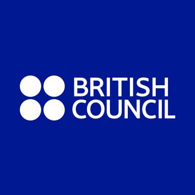The British Council logo is white text on a blue background. There are 4 dots in a square and next to them are the worlds British Council