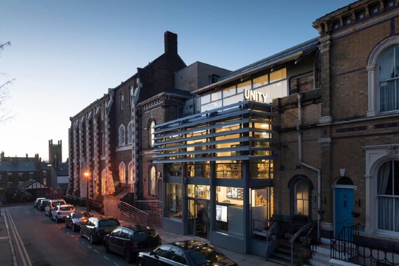 Unity theatre outside at dusk